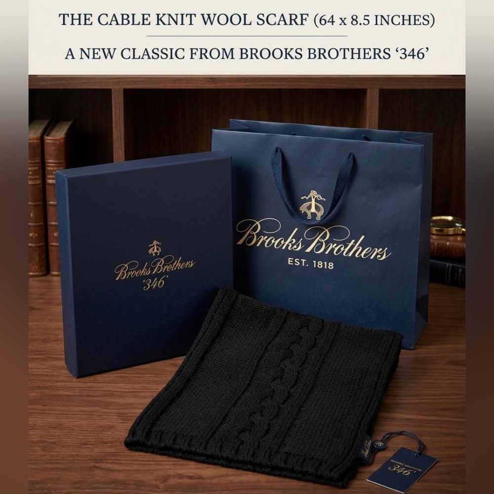 NWT Brooks Brothers “346” Black Cable Knit Wool Scarf 64X8.5 Without Box & Bag